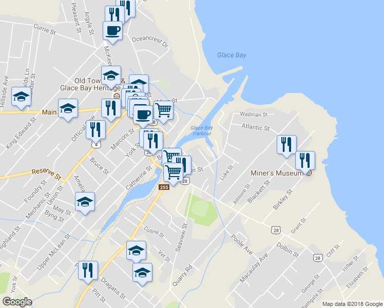 map of restaurants, bars, coffee shops, grocery stores, and more near 12 Rochelle Street in Glace Bay