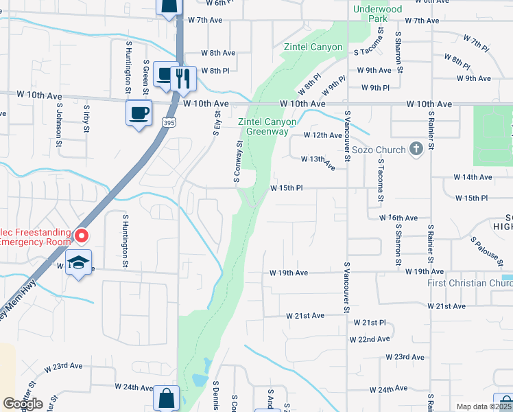 map of restaurants, bars, coffee shops, grocery stores, and more near Spirit of America Trail in Kennewick