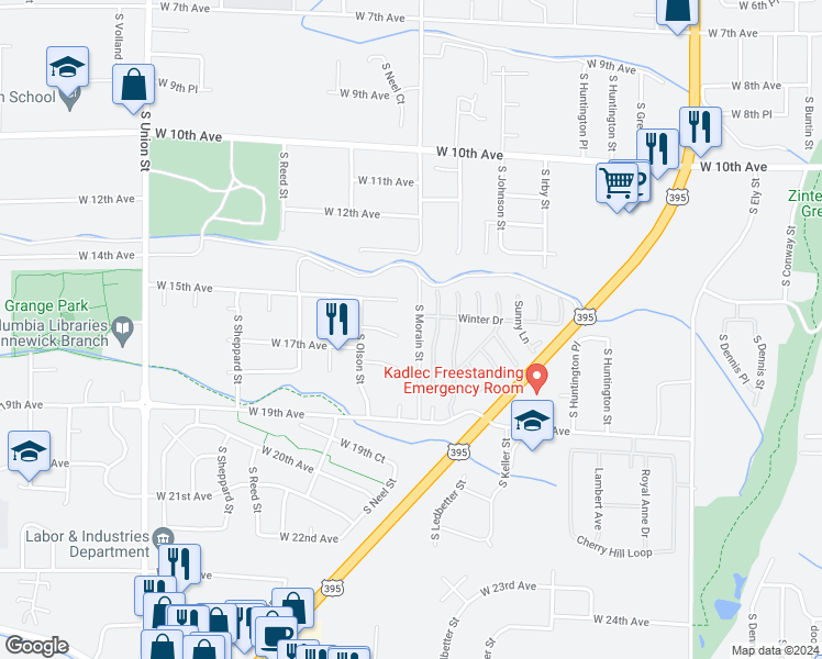 map of restaurants, bars, coffee shops, grocery stores, and more near 3711 West 16th Place in Kennewick