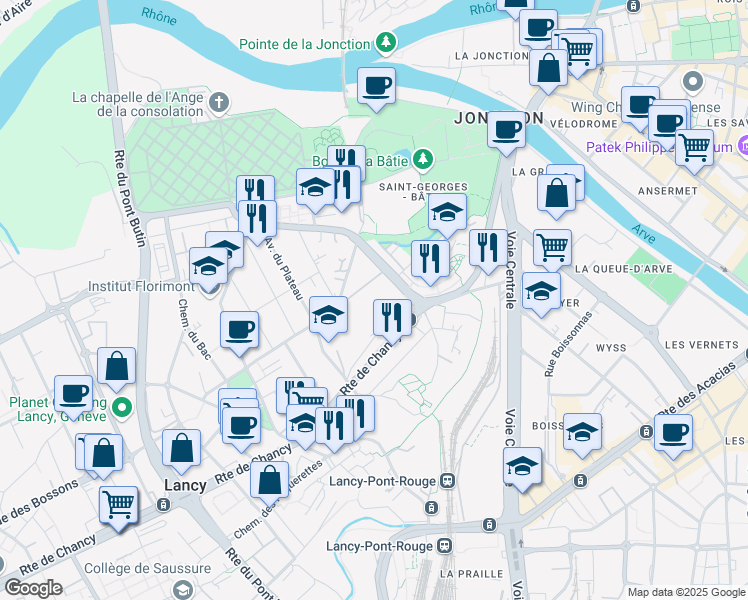 map of restaurants, bars, coffee shops, grocery stores, and more near 47 Route de Saint-Georges in Petit-Lancy