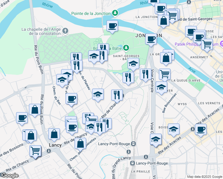 map of restaurants, bars, coffee shops, grocery stores, and more near 47 Route de Saint-Georges in Petit-Lancy