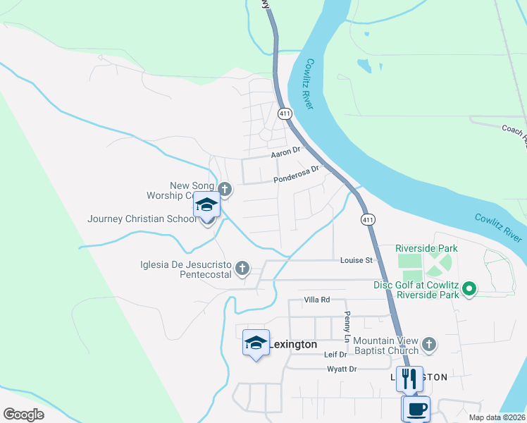 map of restaurants, bars, coffee shops, grocery stores, and more near 106 Monterey Drive in Kelso