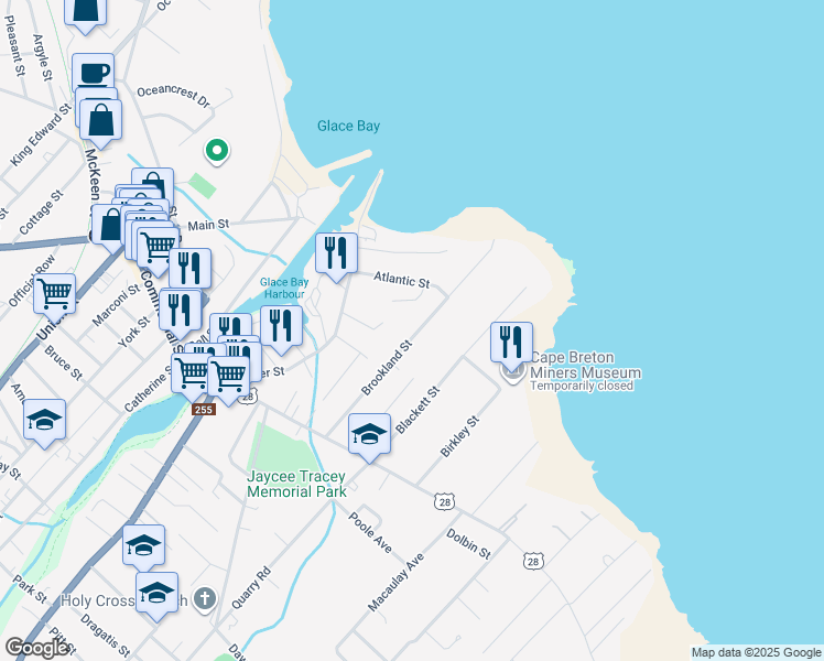 map of restaurants, bars, coffee shops, grocery stores, and more near 205 Brookland Street in Glace Bay