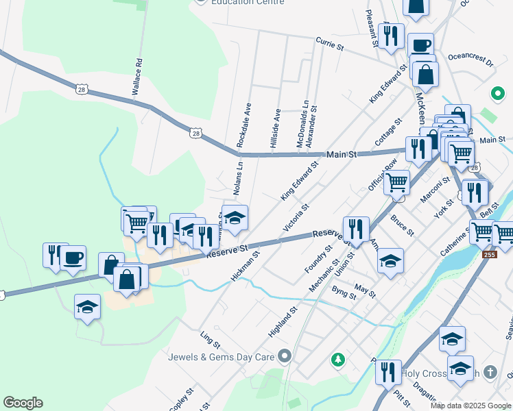map of restaurants, bars, coffee shops, grocery stores, and more near 63 Concord Street in Glace Bay