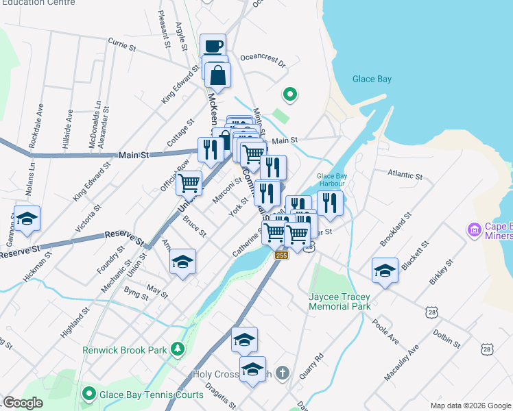 map of restaurants, bars, coffee shops, grocery stores, and more near 270 Commercial Street in Glace Bay