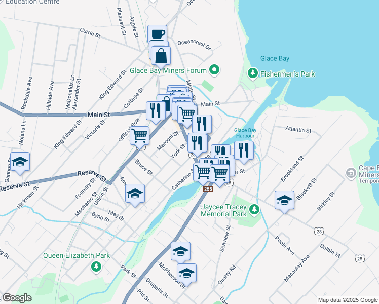 map of restaurants, bars, coffee shops, grocery stores, and more near 270 Commercial Street in Glace Bay