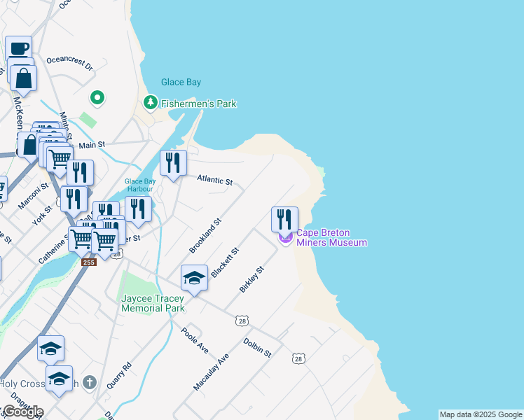 map of restaurants, bars, coffee shops, grocery stores, and more near 211 Blackett Street in Glace Bay