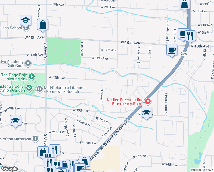 map of restaurants, bars, coffee shops, grocery stores, and more near 3711 West 16th Place in Kennewick