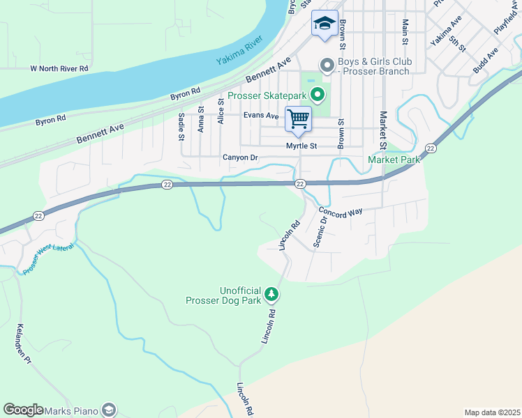 map of restaurants, bars, coffee shops, grocery stores, and more near 1401 South Kinney Way in Prosser