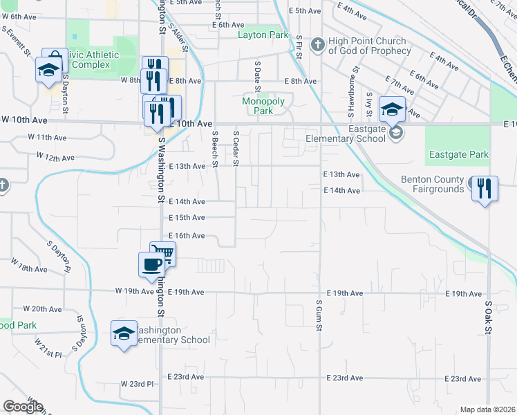 map of restaurants, bars, coffee shops, grocery stores, and more near 304 East 15th Avenue in Kennewick