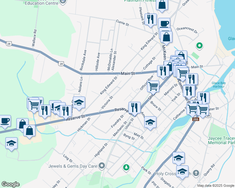 map of restaurants, bars, coffee shops, grocery stores, and more near 169 Victoria Street in Glace Bay