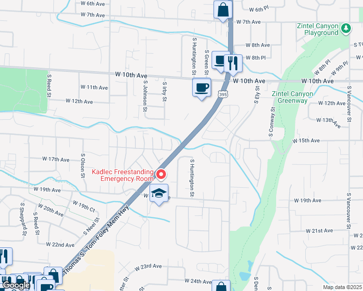 map of restaurants, bars, coffee shops, grocery stores, and more near U.S. 395 in Kennewick