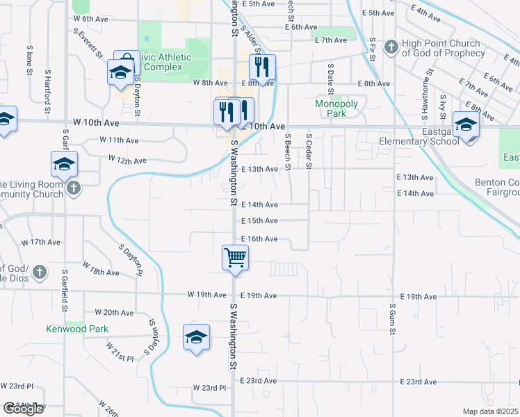 map of restaurants, bars, coffee shops, grocery stores, and more near 110 East 15th Avenue in Kennewick
