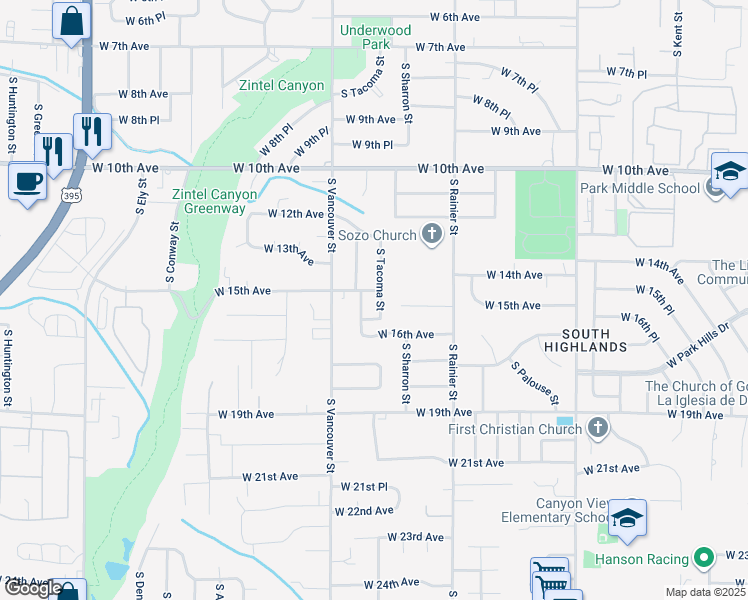 map of restaurants, bars, coffee shops, grocery stores, and more near 1918 West 16th Avenue in Kennewick