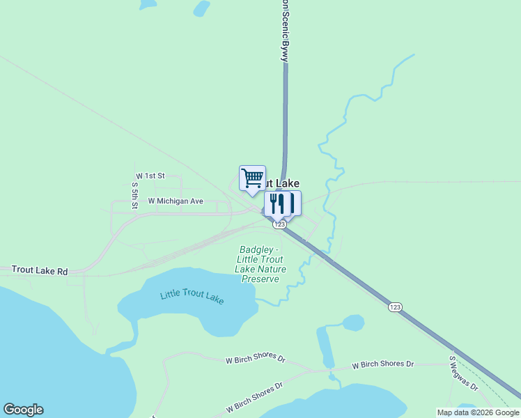 map of restaurants, bars, coffee shops, grocery stores, and more near in Trout Lake