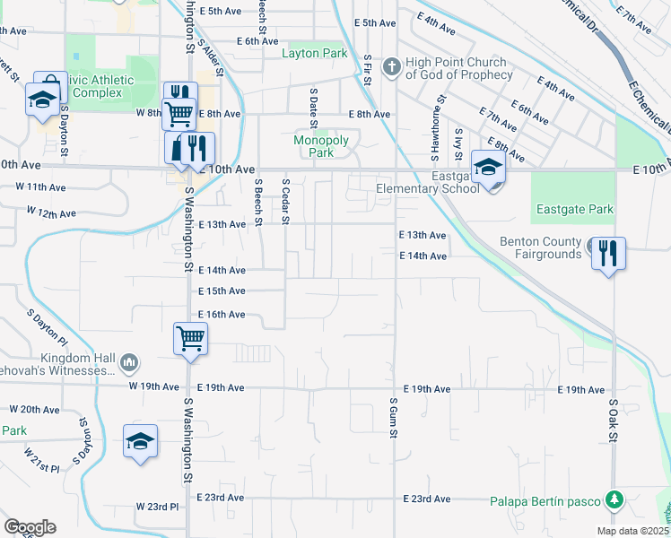 map of restaurants, bars, coffee shops, grocery stores, and more near 1300-1430 South Date Place in Kennewick