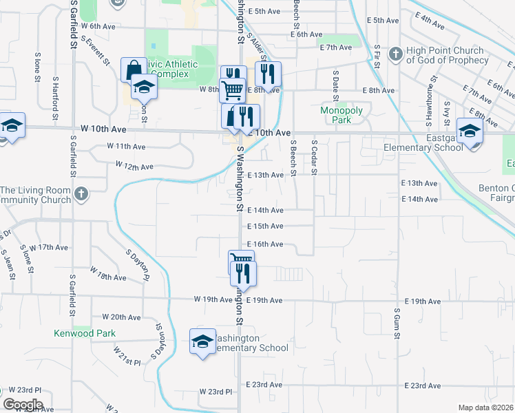 map of restaurants, bars, coffee shops, grocery stores, and more near 1345 South Washington Street in Kennewick