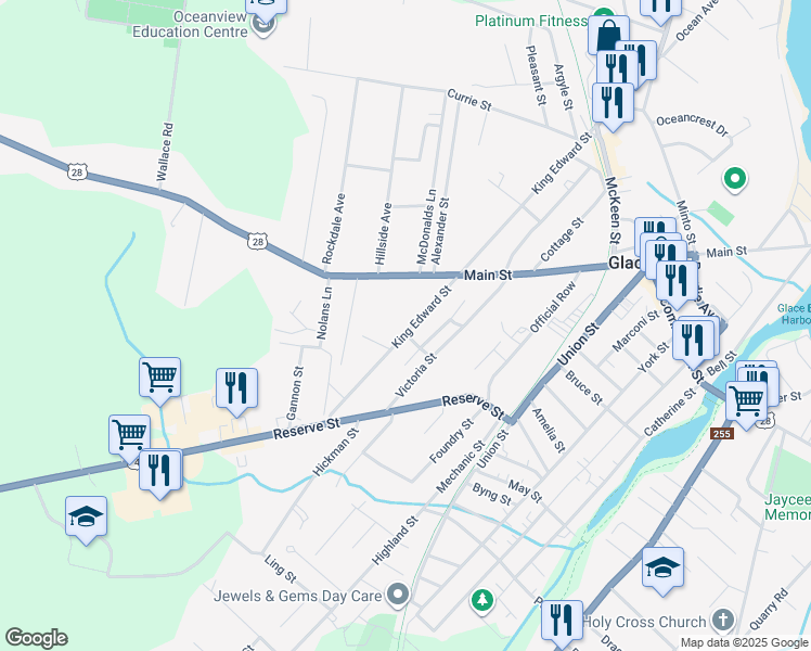 map of restaurants, bars, coffee shops, grocery stores, and more near 340 King Edward Street in Glace Bay