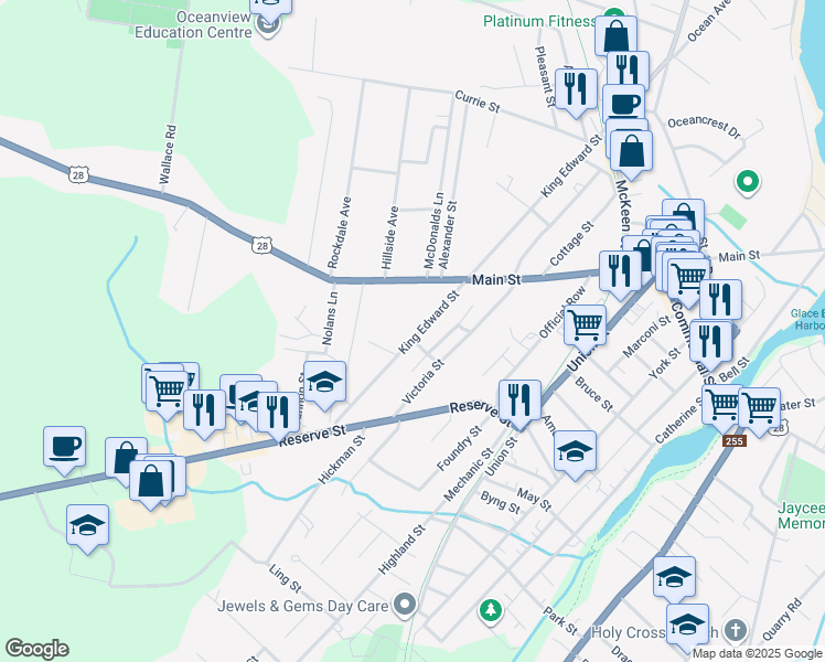map of restaurants, bars, coffee shops, grocery stores, and more near 340 King Edward Street in Glace Bay