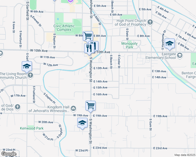 map of restaurants, bars, coffee shops, grocery stores, and more near 1345 South Washington Street in Kennewick