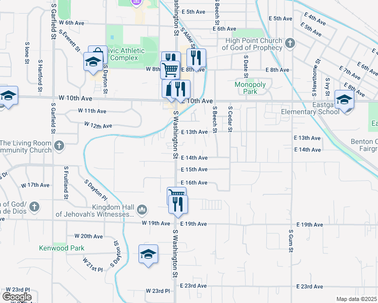 map of restaurants, bars, coffee shops, grocery stores, and more near 1345 South Washington Street in Kennewick