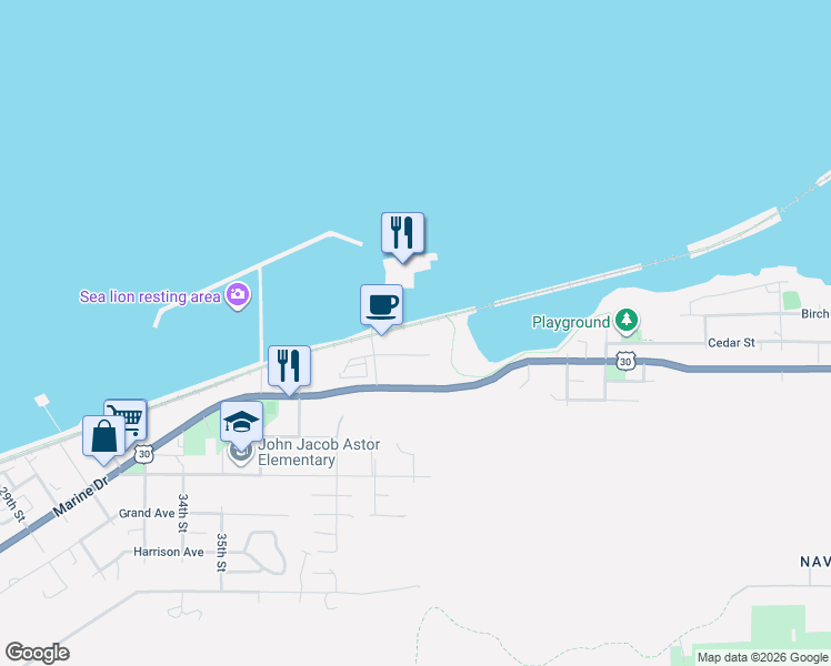 map of restaurants, bars, coffee shops, grocery stores, and more near 3990 Abbey Lane in Astoria