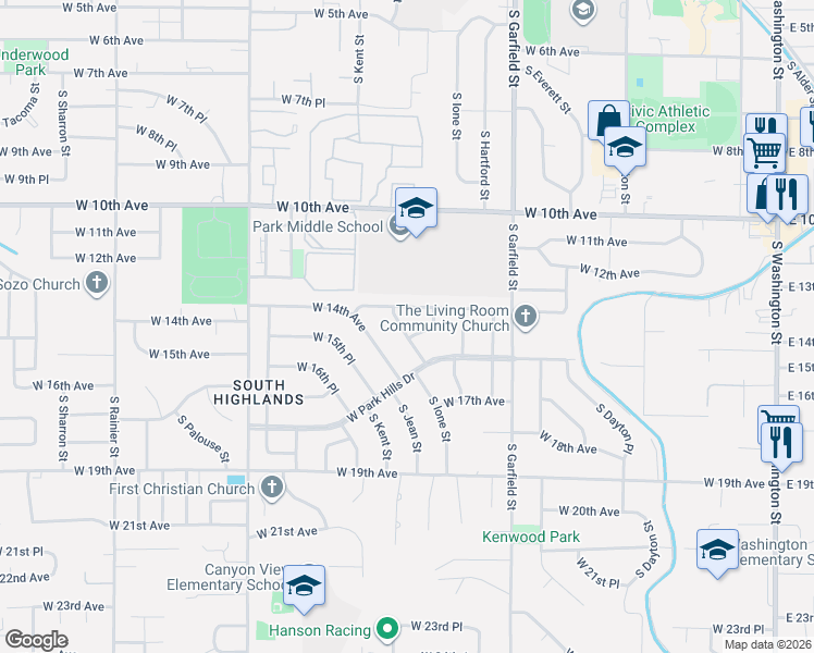 map of restaurants, bars, coffee shops, grocery stores, and more near 1415 South Ione Place in Kennewick