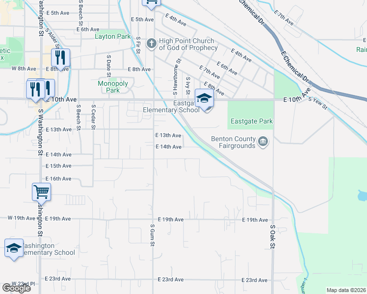 map of restaurants, bars, coffee shops, grocery stores, and more near 2701 South Hawthorne Street in Kennewick