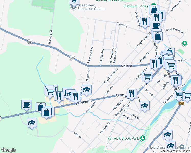 map of restaurants, bars, coffee shops, grocery stores, and more near 43 Concord Street in Glace Bay