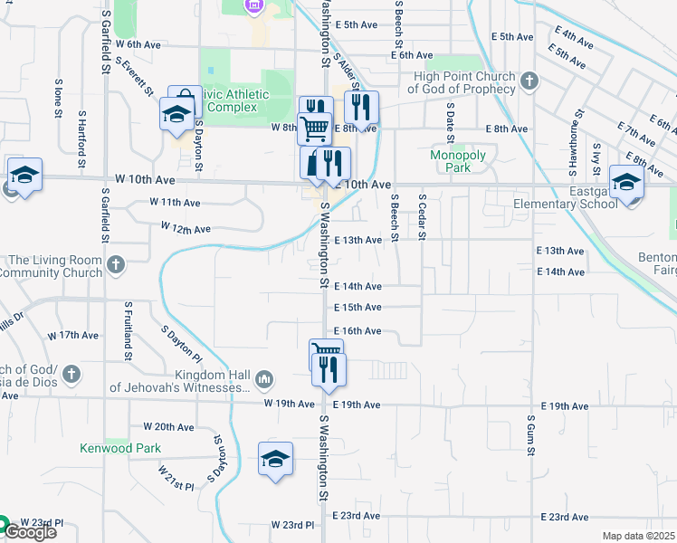 map of restaurants, bars, coffee shops, grocery stores, and more near 1345 South Washington Street in Kennewick