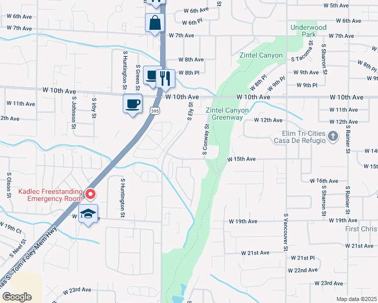 map of restaurants, bars, coffee shops, grocery stores, and more near 2603 West 15th Avenue in Kennewick
