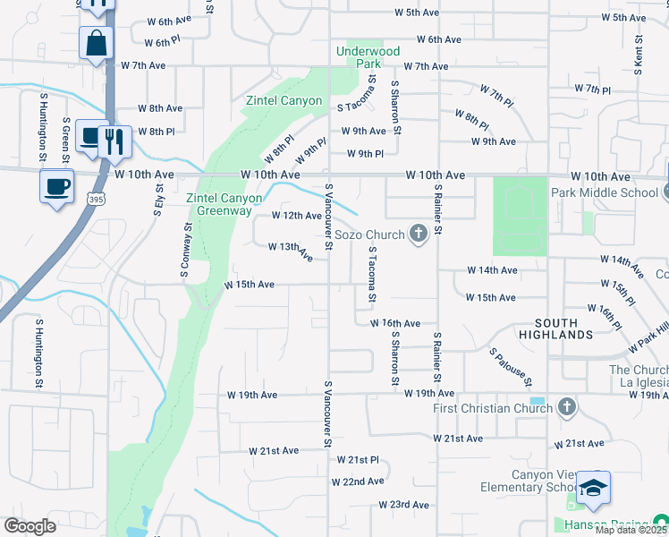 map of restaurants, bars, coffee shops, grocery stores, and more near 1411 South Vancouver Street in Kennewick