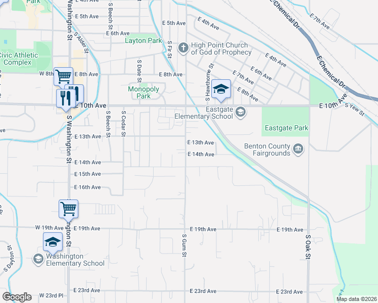 map of restaurants, bars, coffee shops, grocery stores, and more near 1413 South Fir Street in Kennewick