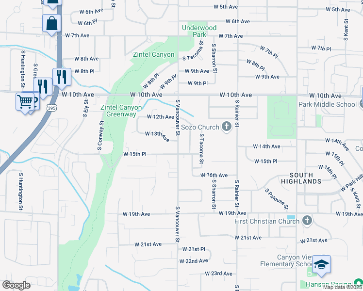 map of restaurants, bars, coffee shops, grocery stores, and more near 1411 South Vancouver Street in Kennewick