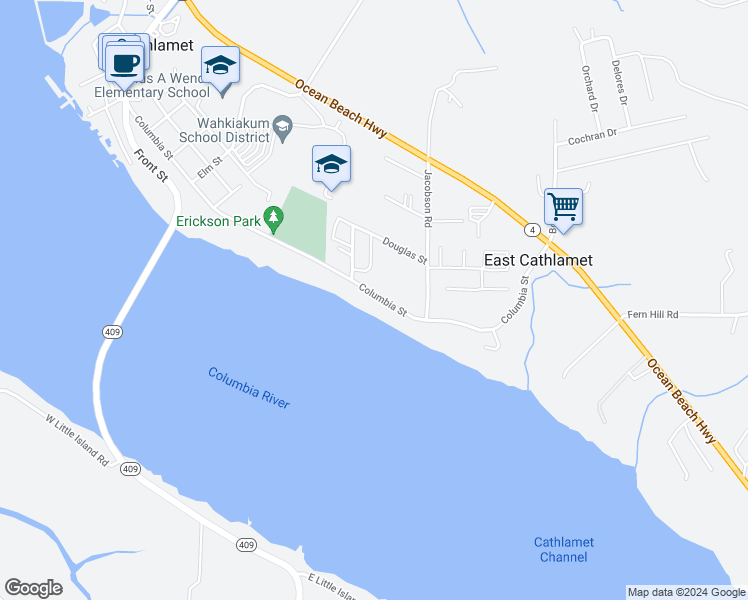 map of restaurants, bars, coffee shops, grocery stores, and more near 800 Columbia Street in Cathlamet