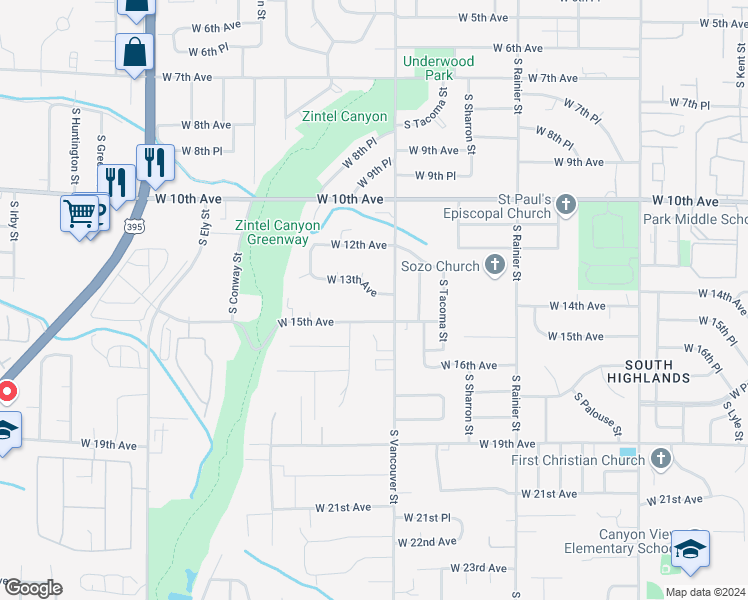 map of restaurants, bars, coffee shops, grocery stores, and more near 2111 West 13th Avenue in Kennewick