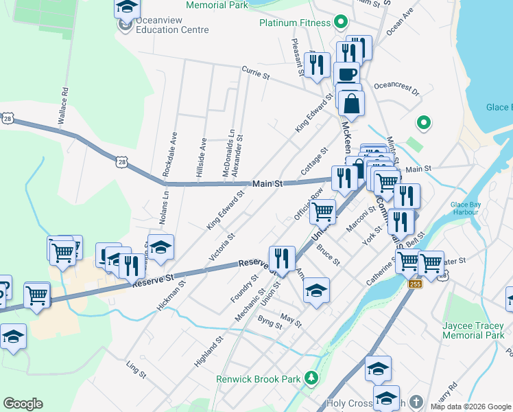 map of restaurants, bars, coffee shops, grocery stores, and more near 136 Victoria Street in Glace Bay