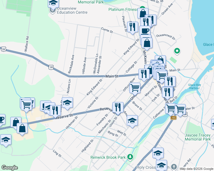 map of restaurants, bars, coffee shops, grocery stores, and more near 136 Victoria Street in Glace Bay