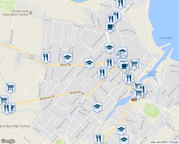 map of restaurants, bars, coffee shops, grocery stores, and more near 689 Main Street in Glace Bay