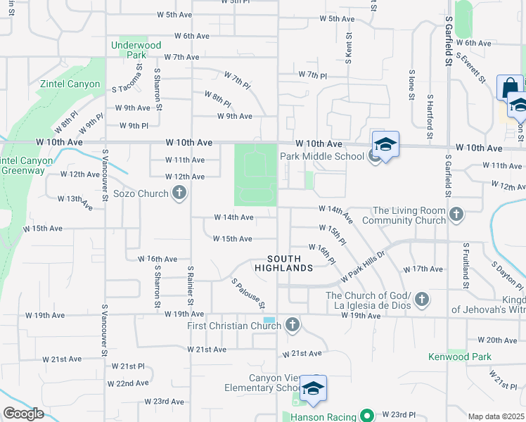map of restaurants, bars, coffee shops, grocery stores, and more near 1416 West 14th Avenue in Kennewick