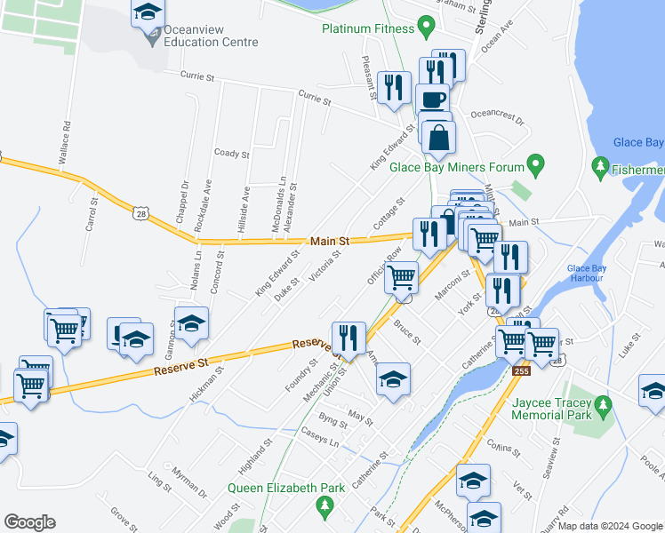 map of restaurants, bars, coffee shops, grocery stores, and more near 121 Victoria Street in Glace Bay