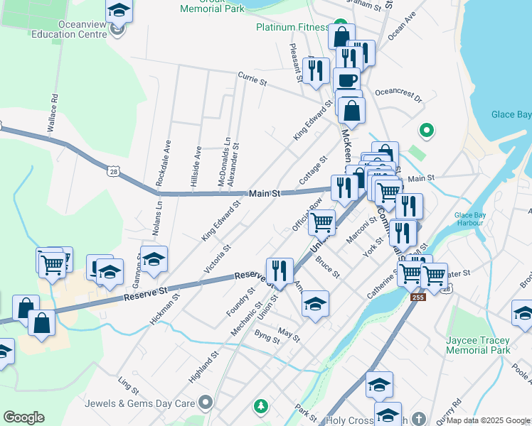 map of restaurants, bars, coffee shops, grocery stores, and more near 121 Victoria Street in Glace Bay