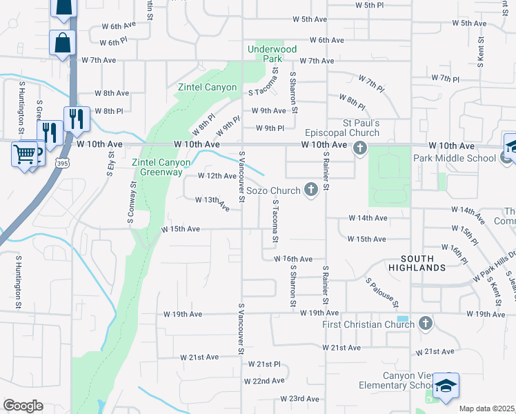 map of restaurants, bars, coffee shops, grocery stores, and more near 1411 South Vancouver Street in Kennewick