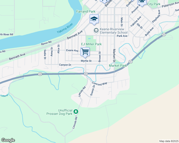 map of restaurants, bars, coffee shops, grocery stores, and more near 1401-1409 South Kinney Way in Prosser
