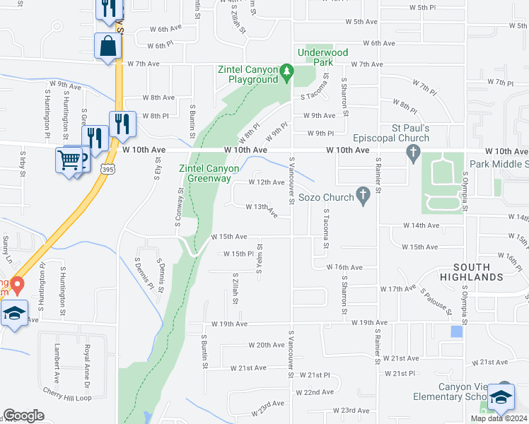 map of restaurants, bars, coffee shops, grocery stores, and more near 2213 West 13th Avenue in Kennewick