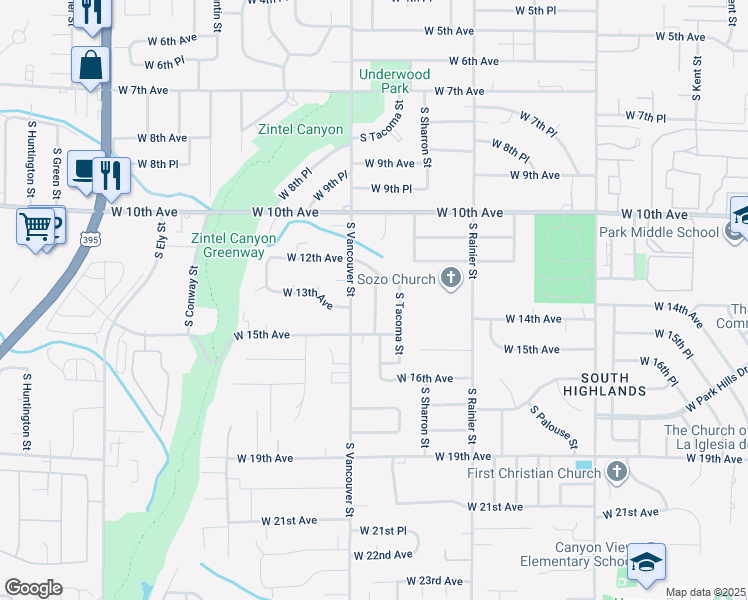 map of restaurants, bars, coffee shops, grocery stores, and more near 1411 South Vancouver Street in Kennewick