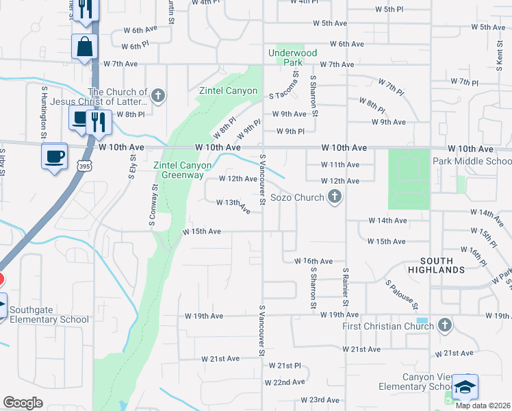 map of restaurants, bars, coffee shops, grocery stores, and more near 2111 West 13th Avenue in Kennewick