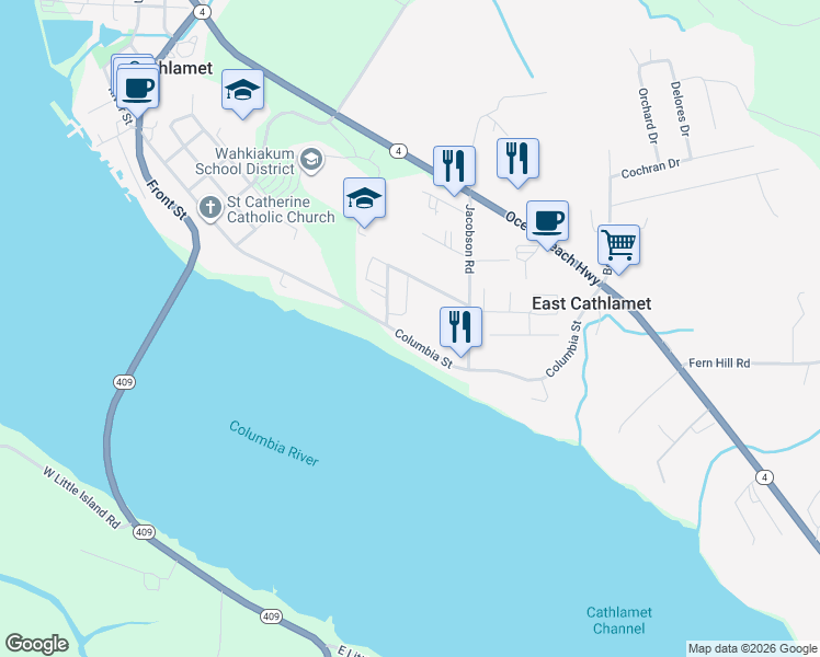 map of restaurants, bars, coffee shops, grocery stores, and more near 800 Columbia Street in Cathlamet