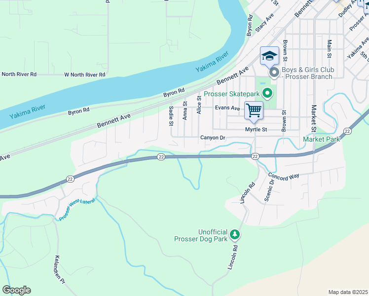 map of restaurants, bars, coffee shops, grocery stores, and more near 229 Canyon Drive in Prosser