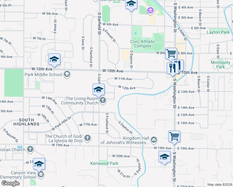 map of restaurants, bars, coffee shops, grocery stores, and more near 401 W 14th Ave in Kennewick